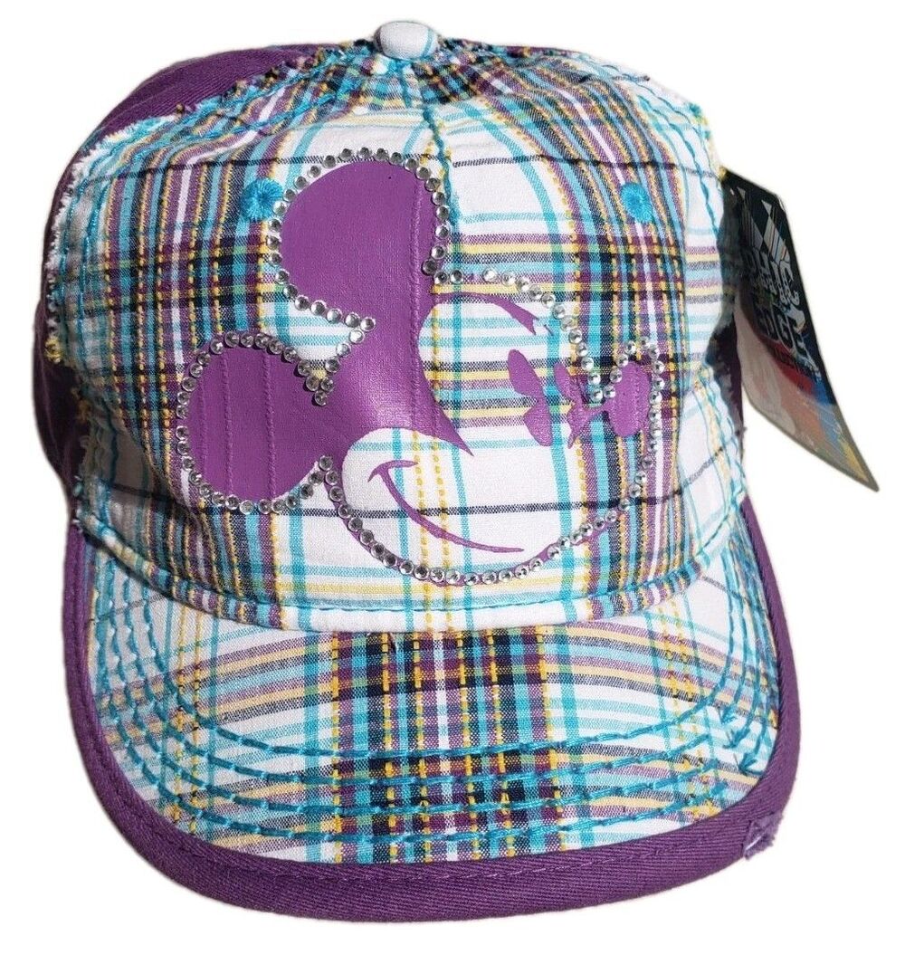 Disney Parks Mickey Sparkly Rhinestone Baseball Cap Hat Purple Plaid Short Bill